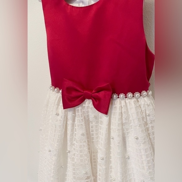 American Princess | Girls Red and White Formal Dress w/Pearls - Picture 3 of 4